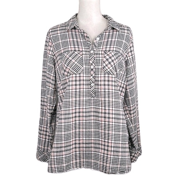 Croft & Barrow Plaid Black Pink & White V-Neck Button Long Sleeve Top Size M - Picture 1 of 7